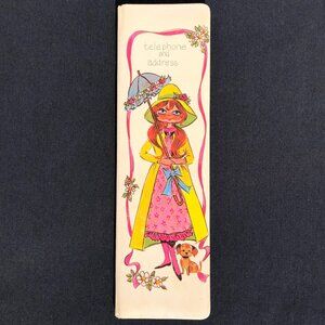 vintage telephone and address book 1970s Japan Mod flowers lady raincoat Emson